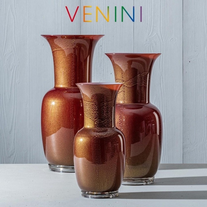Venini Vaso Opalino rosso e oro e lattimo alto 36 cm