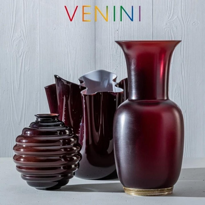 Venini Satin rosso e trasparente con foglia oro alto 30 cm