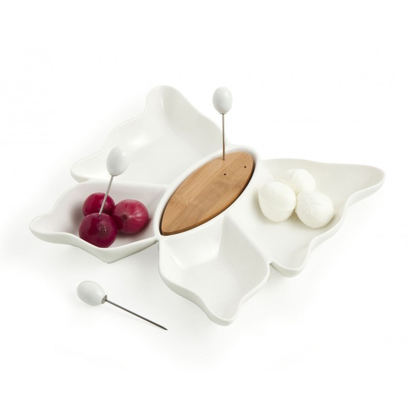 Antipastiera a Farfalla Butterfly Brandani in Porcellana Bianca e Legno Bamboo