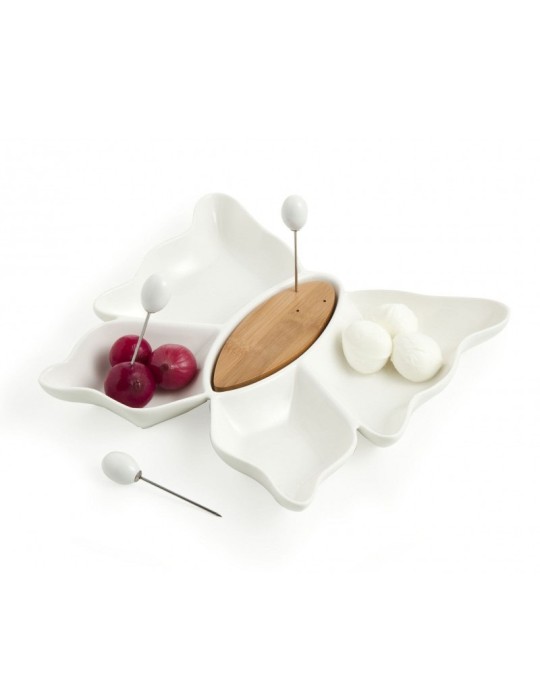 Antipastiera a Farfalla Butterfly Brandani in Porcellana Bianca e Legno Bamboo
