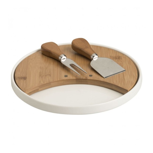 Tagliere in Bambù Rotondo Brandani con Vassoio in Porcellana e 2 Coltelli Formaggio