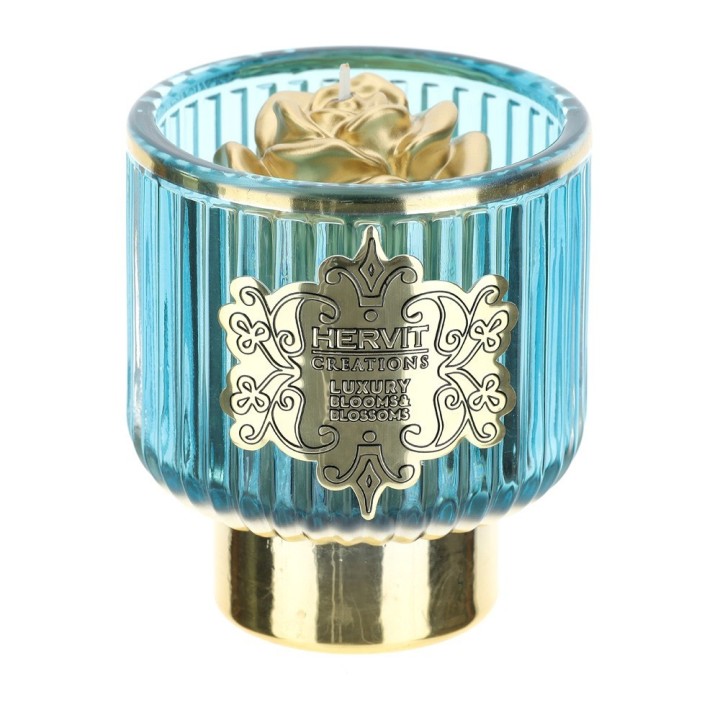Hervit Portacandela in vetro blu e oro con candela
