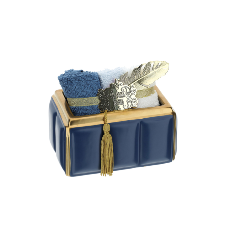 Hervit Contenitore in ceramica blu e oro 16x11x8 cm