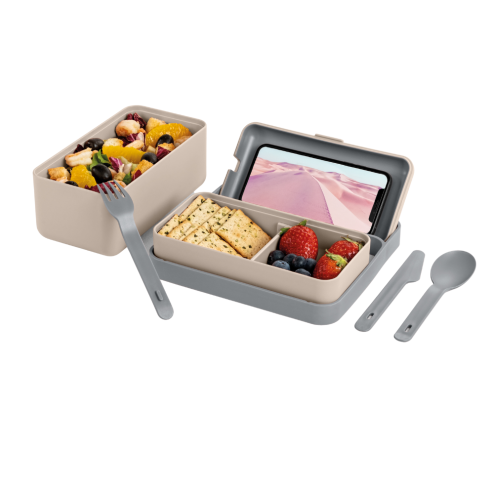 Lunchbox Blim Plus Bauletto medium Moka Grey con cibo davanti