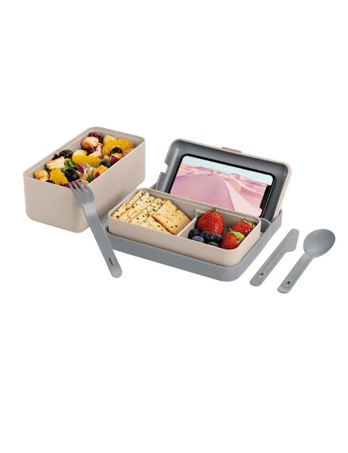 Lunchbox Blim Plus Bauletto medium Moka Grey con cibo davanti Lunchbox Blim Plus Bauletto medium Moka Grey con cibo davanti