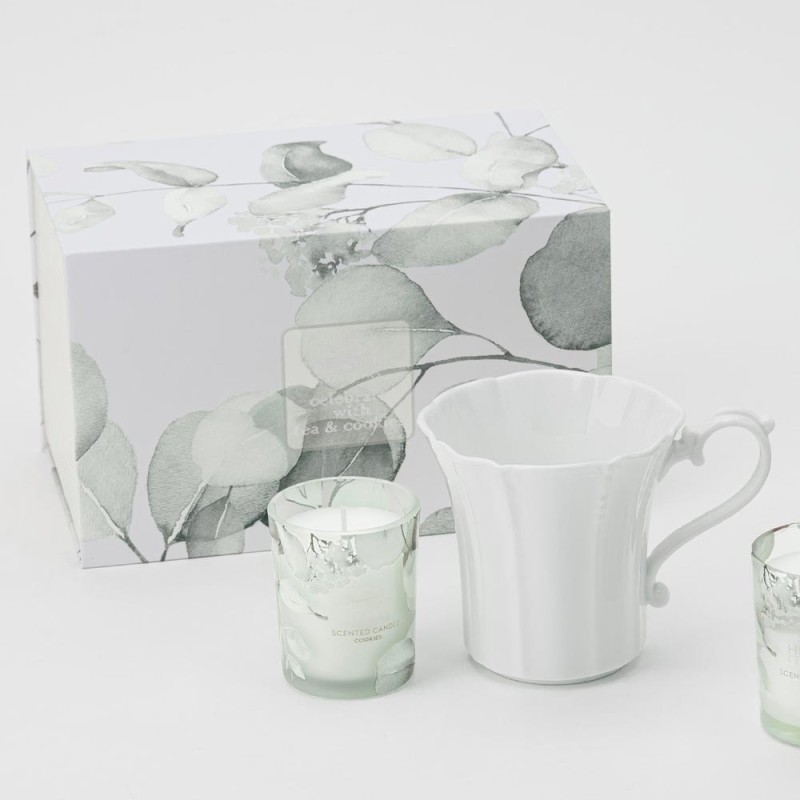 Set Relax "Botanic" Bianco con Mug in Porcellana e Candela Profumata al Biscotto (70 gr) – Hervit Creations