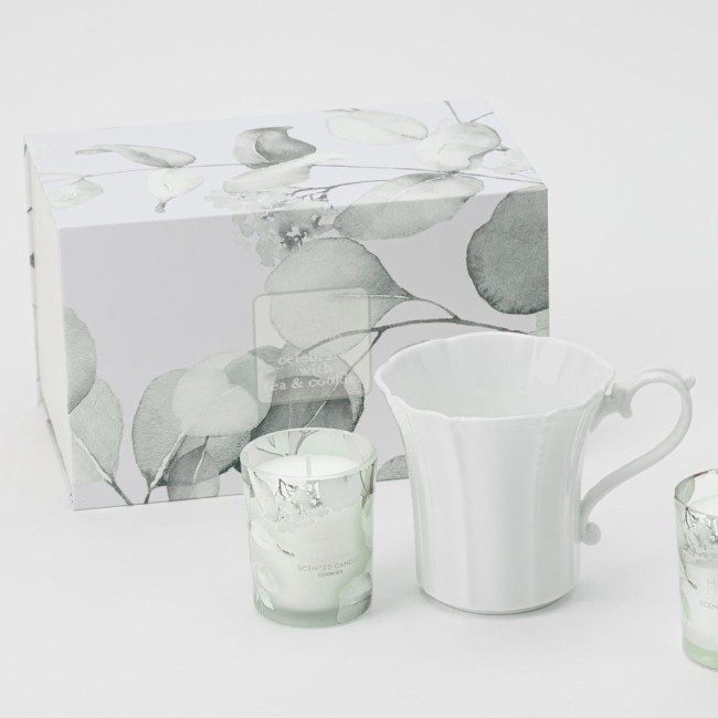 Set Relax "Botanic" Bianco con Mug in Porcellana e Candela Profumata al Biscotto (70 gr) – Hervit Creations
