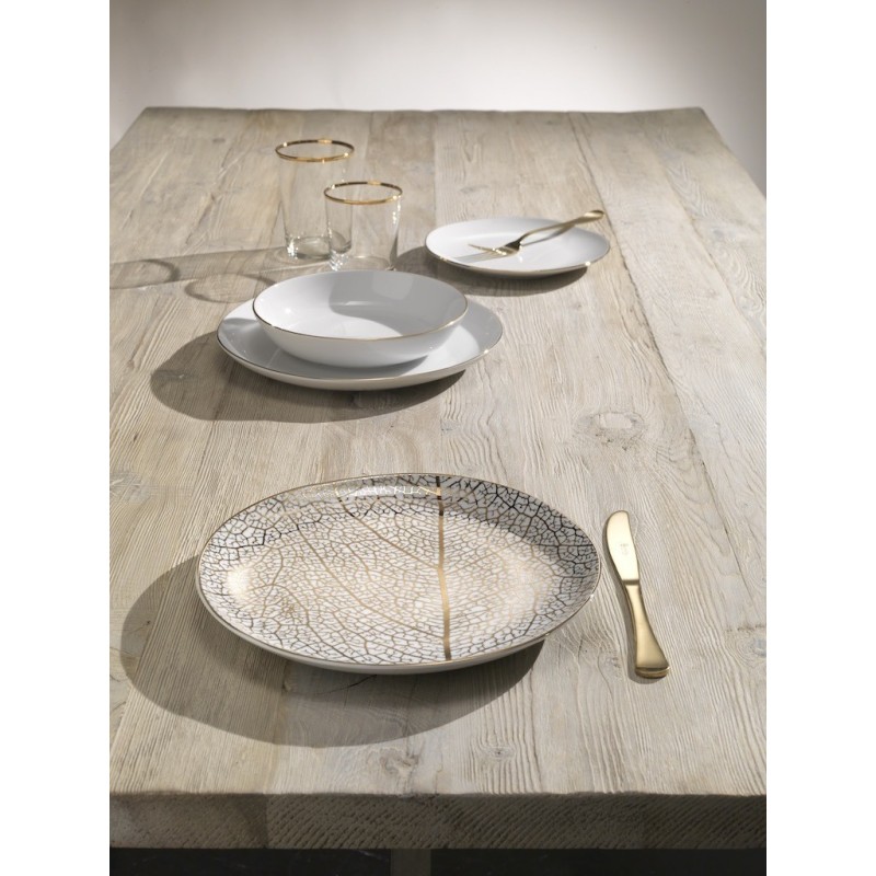 Servizio Tavola 36 Pezzi Onix White Leaf in Porcellana con Oro 12kt – Weissestal