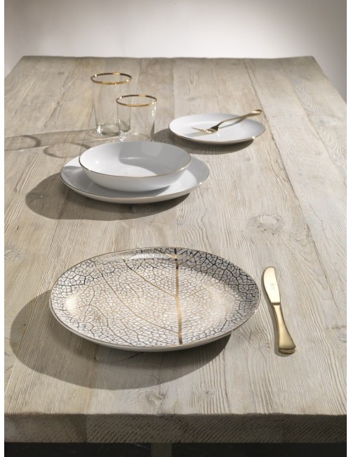 Servizio Tavola 36 Pezzi Onix White Leaf in Porcellana con Oro 12kt – Weissestal