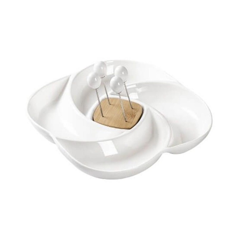 Antipastiera Girella Brandani in Porcellana Bianca e Bamboo con Forchettine
