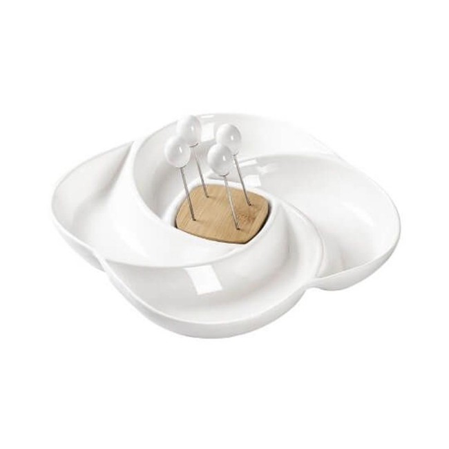 Antipastiera Girella Brandani in Porcellana Bianca e Bamboo con Forchettine