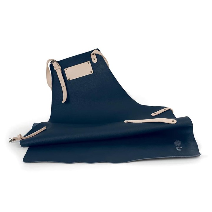 Pozzi Milano Grembiule in pelle blu con sacca in cotone