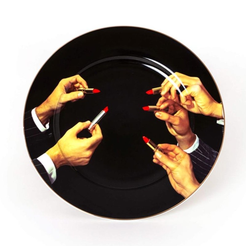 Piatto Lipsticks Black Gold Border in Porcellana Ø27 cm Seletti | Collezione Toiletpaper