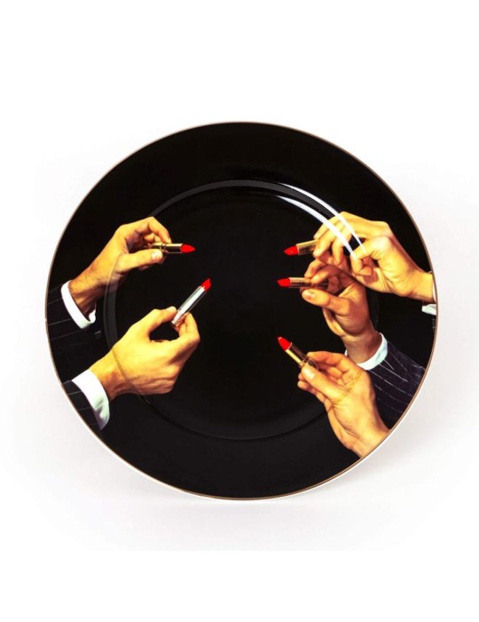 Piatto Lipsticks Black Gold Border in Porcellana Ø27 cm Seletti | Collezione Toiletpaper