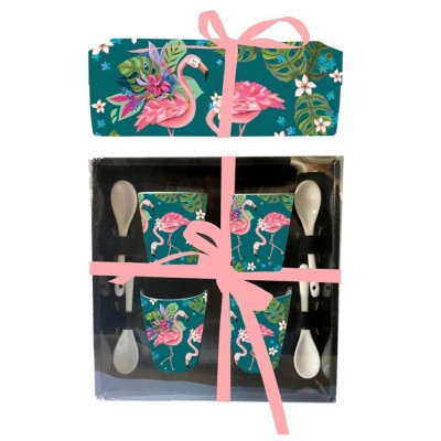 SET 4 TASSES AVEC CUILIERES FLAMINGO