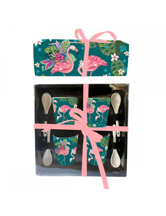 SET 4 TASSES AVEC CUILIERES FLAMINGO