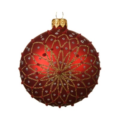 BAUBLE GLASS MATT FLOWER WITH LINES RED