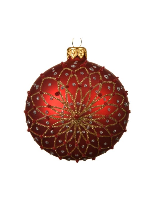 BAUBLE GLASS MATT FLOWER WITH LINES RED