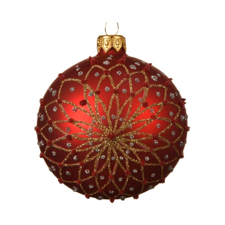 Kaemingk Pallina in vetro rosso con fiore glitterato Ø 8 cm