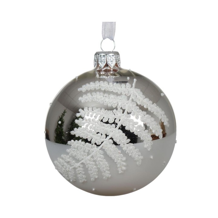 Kaemingk Pallina in vetro argento con felce glitter Ø 8 cm