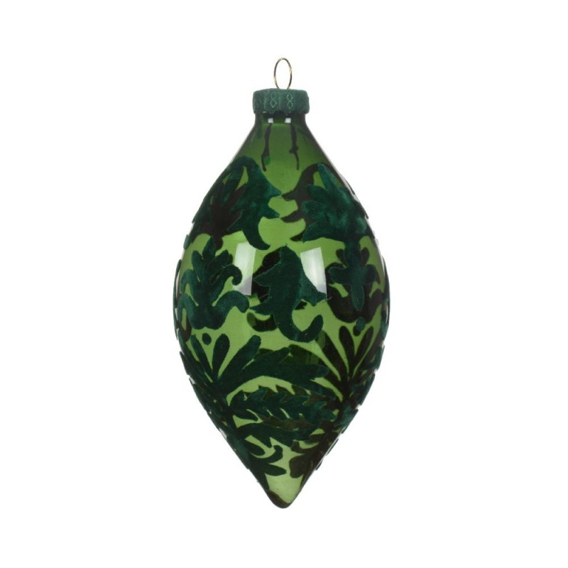 Kaemingk Olive Glass Flock Finish Green - Pendente Natalizio Barocco in Vetro e Velluto H 13 cm