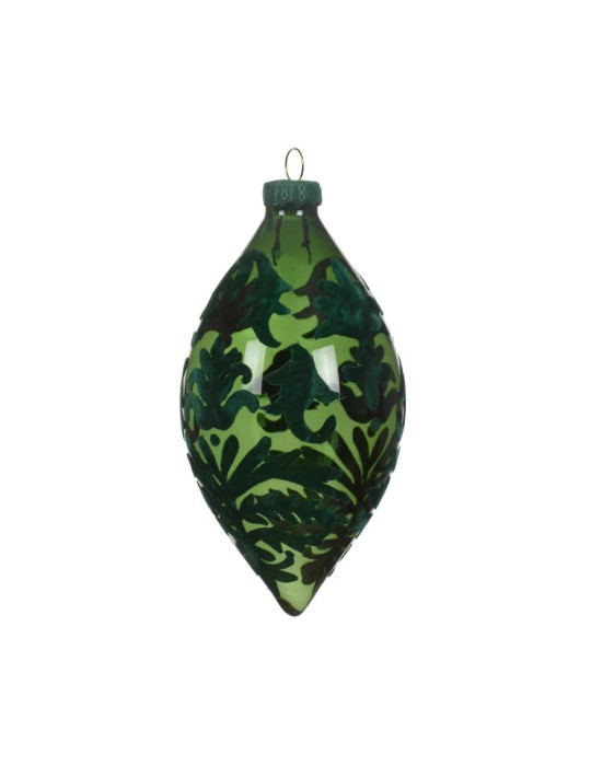 Kaemingk Olive Glass Flock Finish Green - Pendente Natalizio Barocco in Vetro e Velluto H 13 cm