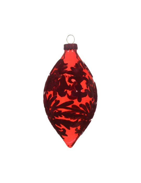 Kaemingk Olive Glass Flock Finish Red - Pendente Natalizio Barocco in Vetro e Velluto H 13 cm