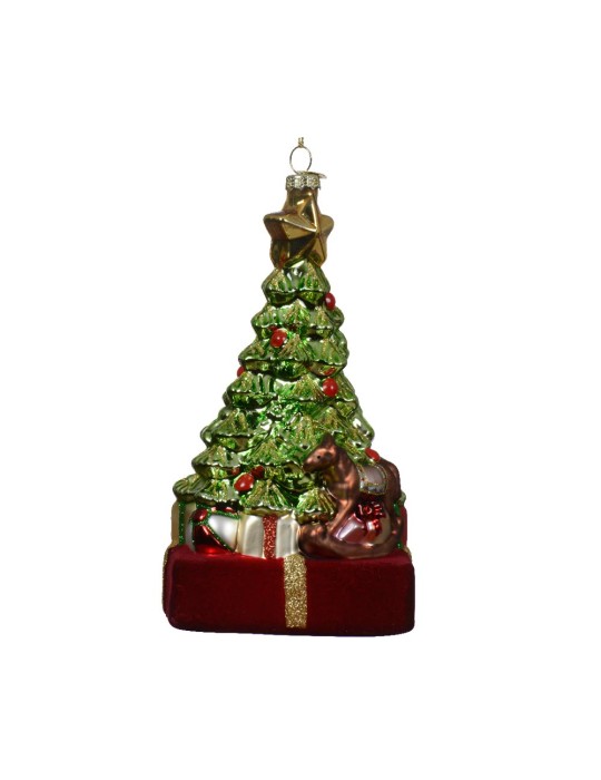 Pendente Natalizio in Vetro Soffiato Albero di Natale con Pacchi Dono e Cavallo a Dondolo H 16,5 cm – Kaemingk