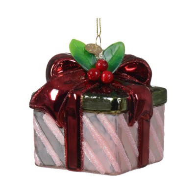 PRESENT GLASS W/GLITTER BOW PINK