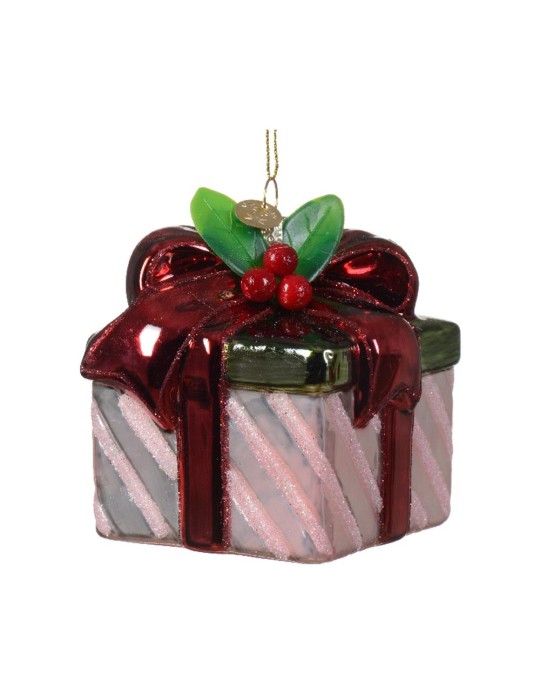 PRESENT GLASS W/GLITTER BOW PINK