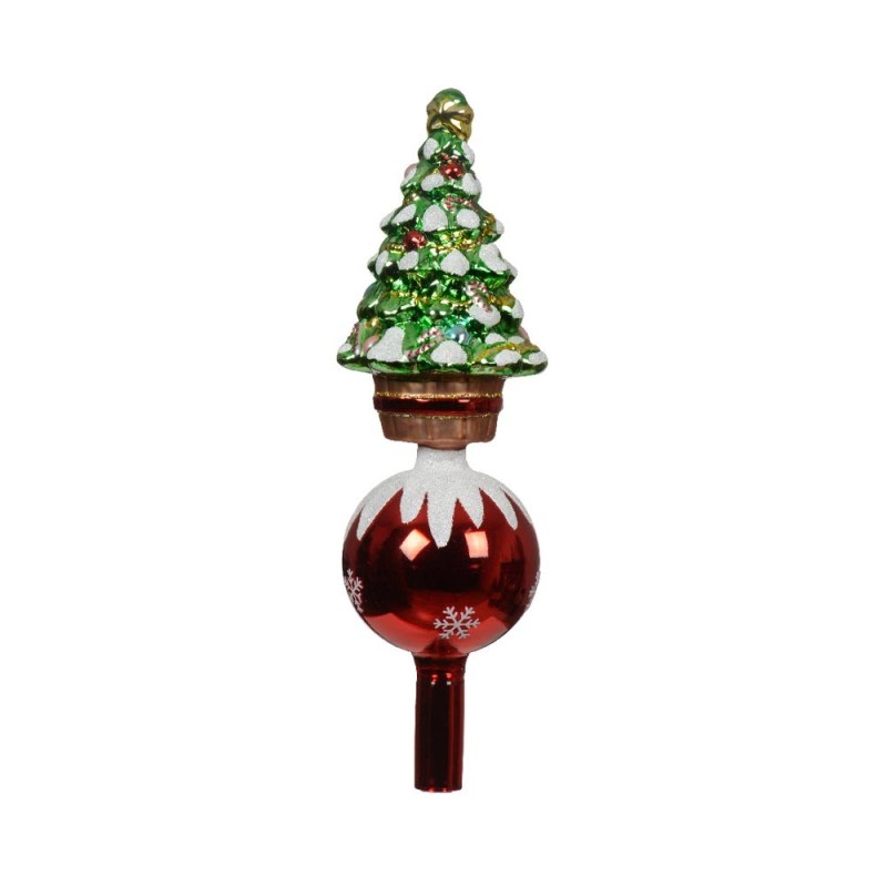 Puntale per Albero di Natale in Vetro Soffiato con Sfera Rossa e Abete Innevato H 29 cm – Kaemingk