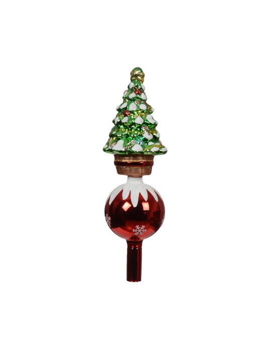 Puntale per Albero di Natale in Vetro Soffiato con Sfera Rossa e Abete Innevato H 29 cm – Kaemingk