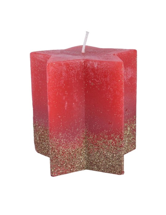 Candela Decorativa a Stella Candle Wax Star Rosso e Glitter Oro Ø 10 cm H 10 cm (42 Ore) – Kaemingk