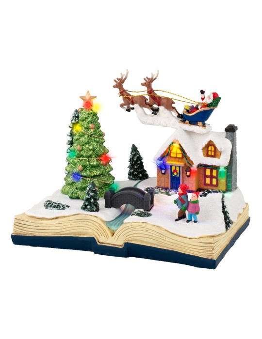 Villaggio di Natale Luminoso su Libro Aperto con Luci LED a Batteria e Babbo Natale in Volo – Kaemingk