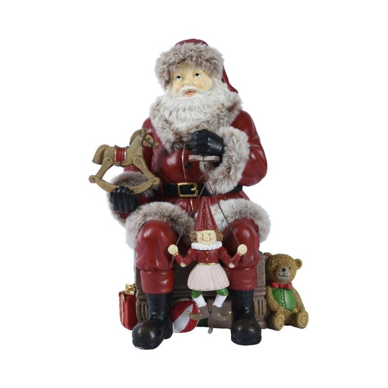 Statua Decorativa Natalizia Babbo Natale Seduto con Burattini e Giocattoli H 30 cm in Poliresina – Kaemingk