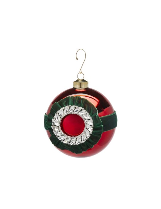 Palla di Natale Gioiello in Vetro Rosso con Velluto e Strass Ø12 cm – EDG Enzo De Gasperi