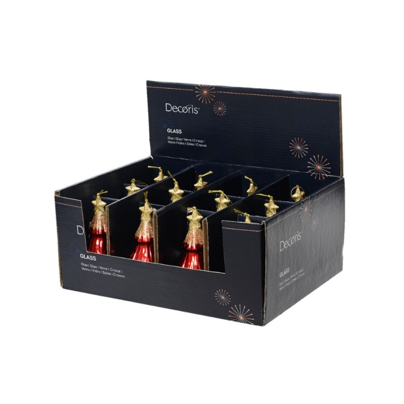 TREE GLASS W/STAR ON TOP W/GOLD GLITTER 3ASS RED