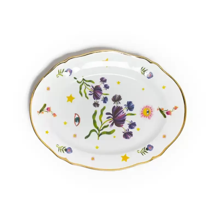 Bitossi Piatto da portata ovale floreale con oro lungo 34 cm