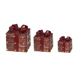 Kaemingk Set di 3 pacchi regalo luminosi con fiocco rosso
