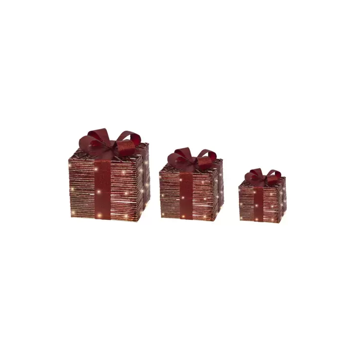 Kaemingk Set di 3 pacchi regalo luminosi con fiocco rosso