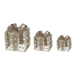 Gift Box Micro LED Oro Kaemingk – Set 3 Scatole con Fiocco Platino