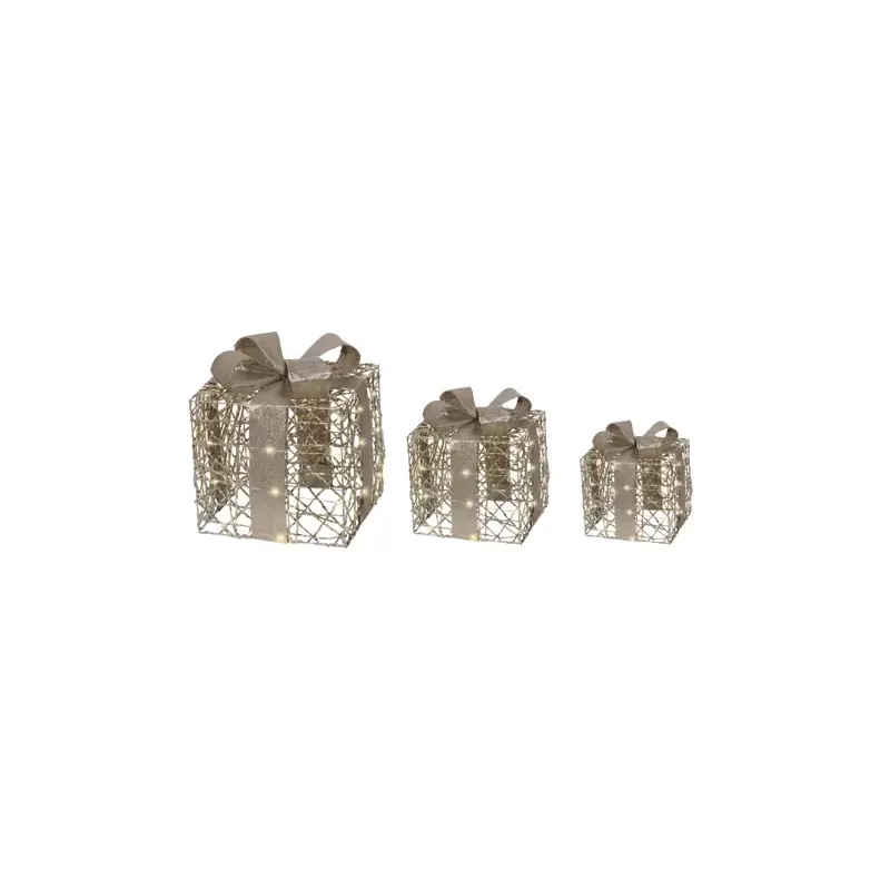 Gift Box Micro LED Oro Kaemingk – Set 3 Scatole con Fiocco Platino