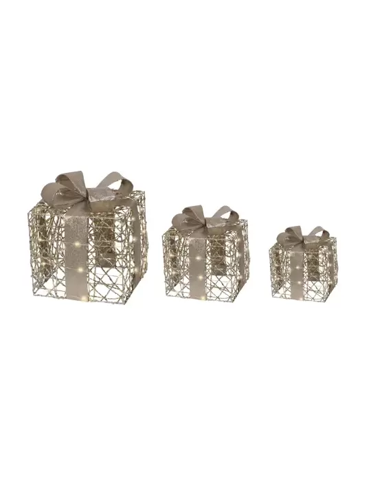 Gift Box Micro LED Oro Kaemingk – Set 3 Scatole con Fiocco Platino