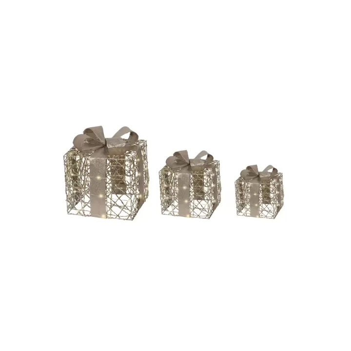 Gift Box Micro LED Oro Kaemingk – Set 3 Scatole con Fiocco Platino