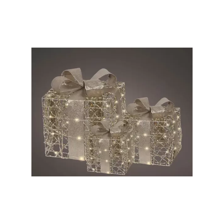 Gift Box Micro LED Oro Kaemingk – Set 3 Scatole con Fiocco Platino