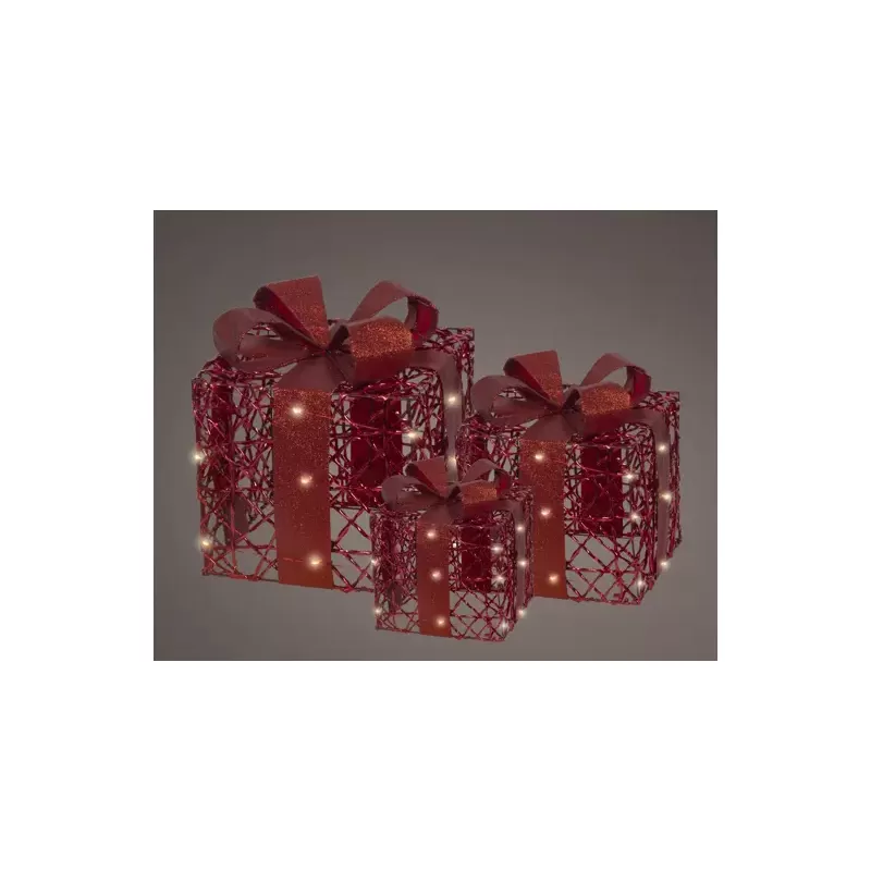 Set 3 Gift Box Micro LED Kaemingk – Decorazione Natalizia con Fiocco Rosso