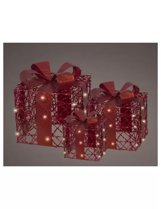 Set 3 Gift Box Micro LED Kaemingk – Decorazione Natalizia con Fiocco Rosso