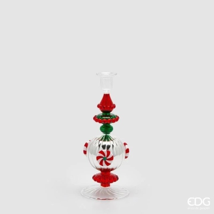 EDG Candelabro in vetro verde e rosso a sfere alto 44 cm