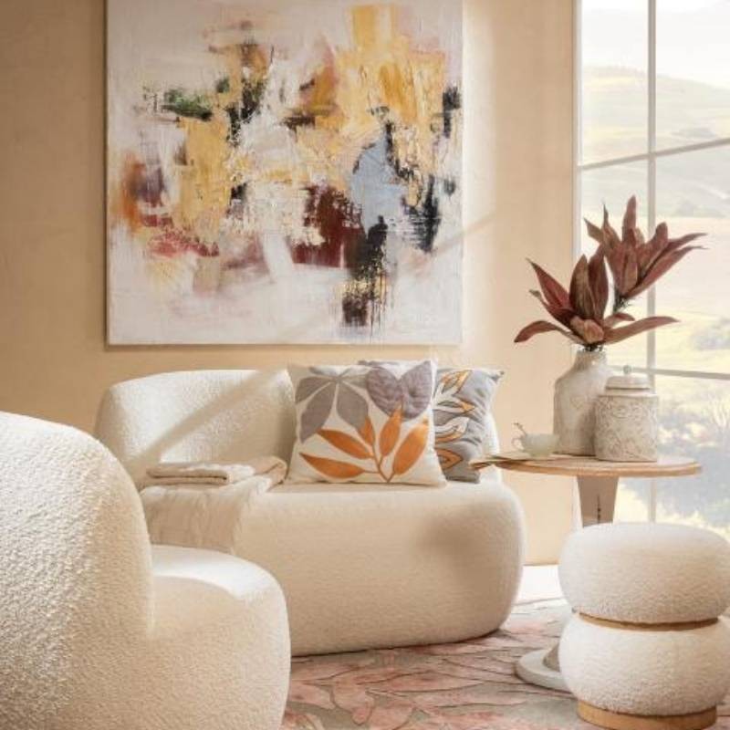 Pouf in Tessuto Bianco con Struttura in Legno –...