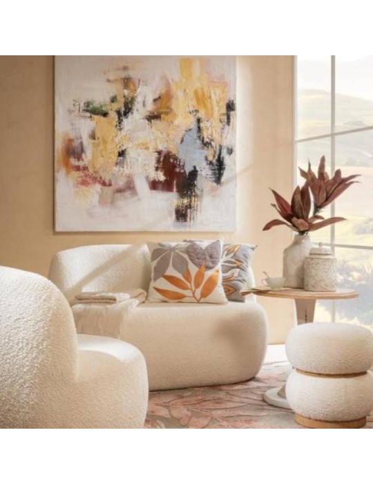 Pouf in Tessuto Bianco con Struttura in Legno –...